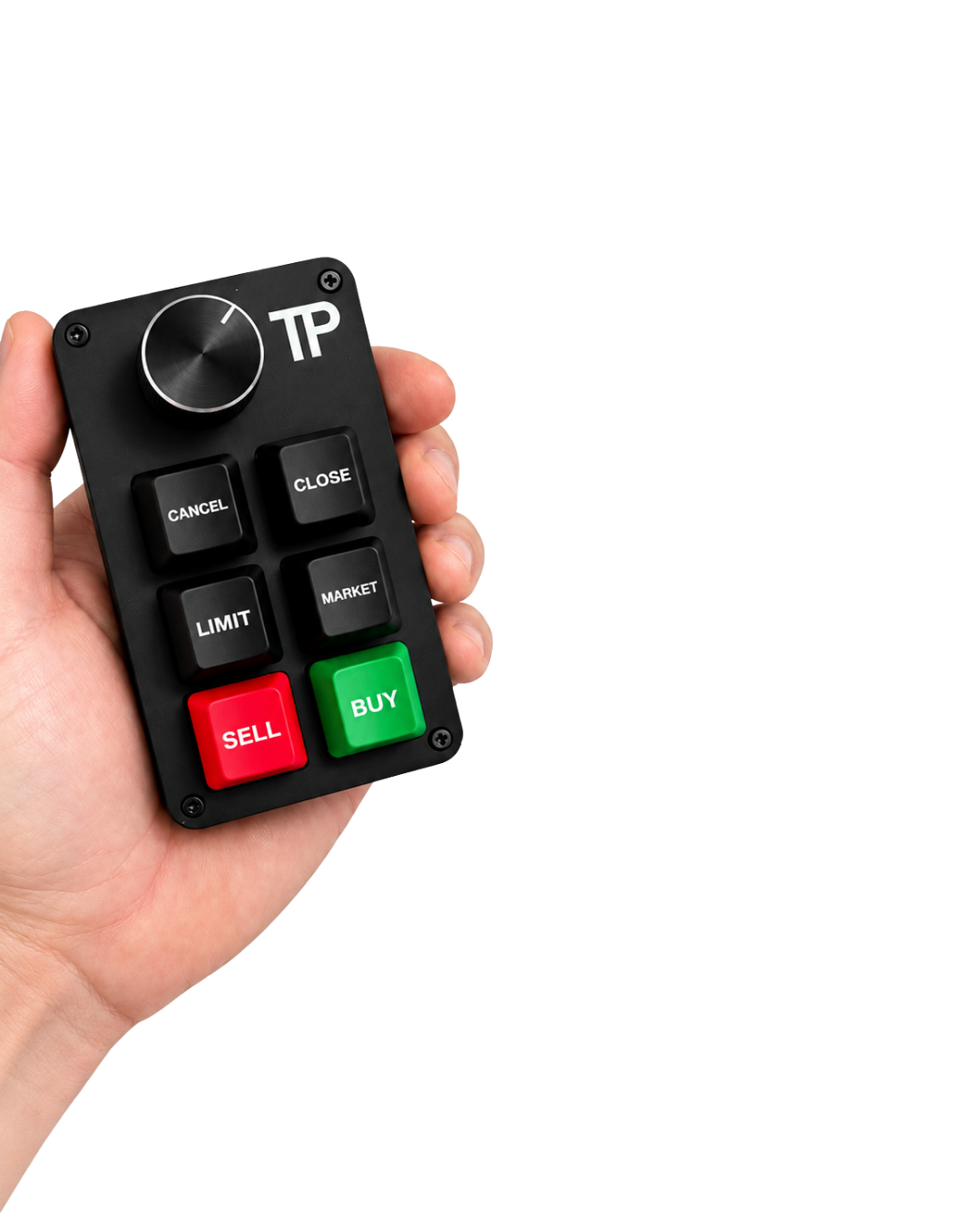The TP trading keyboard held in one hand