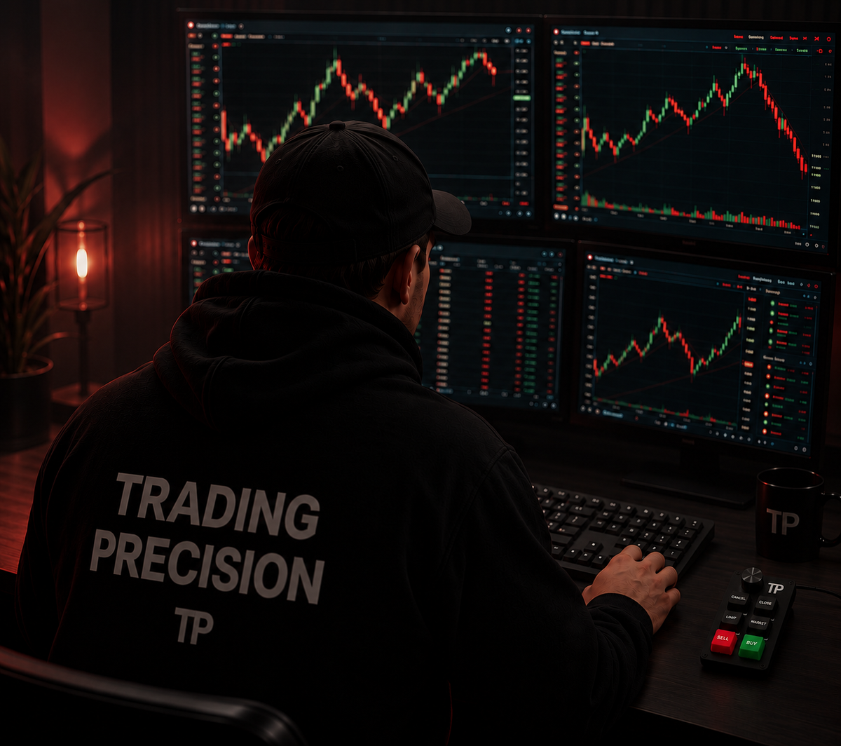 A trader at four chart screens with the TP keyboard next to his keyboard